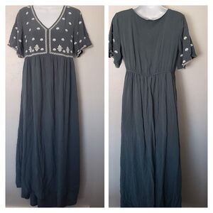 Polagram Women's Medium Teal Blue Short Sleeve Maxi Dress V-neck Embroidered